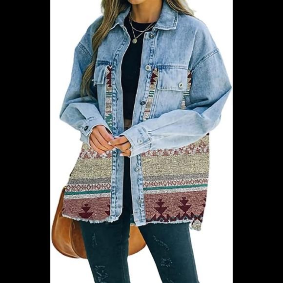 chouyatou Women's Ethnic Aztec Geometric Pattern Frayed Denim Jean